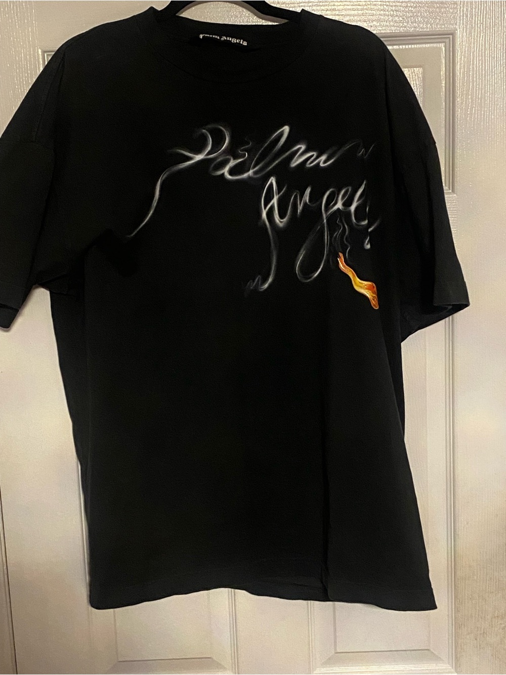 Palm Angels Black Tee with Smoky Script and Small Orange Flame